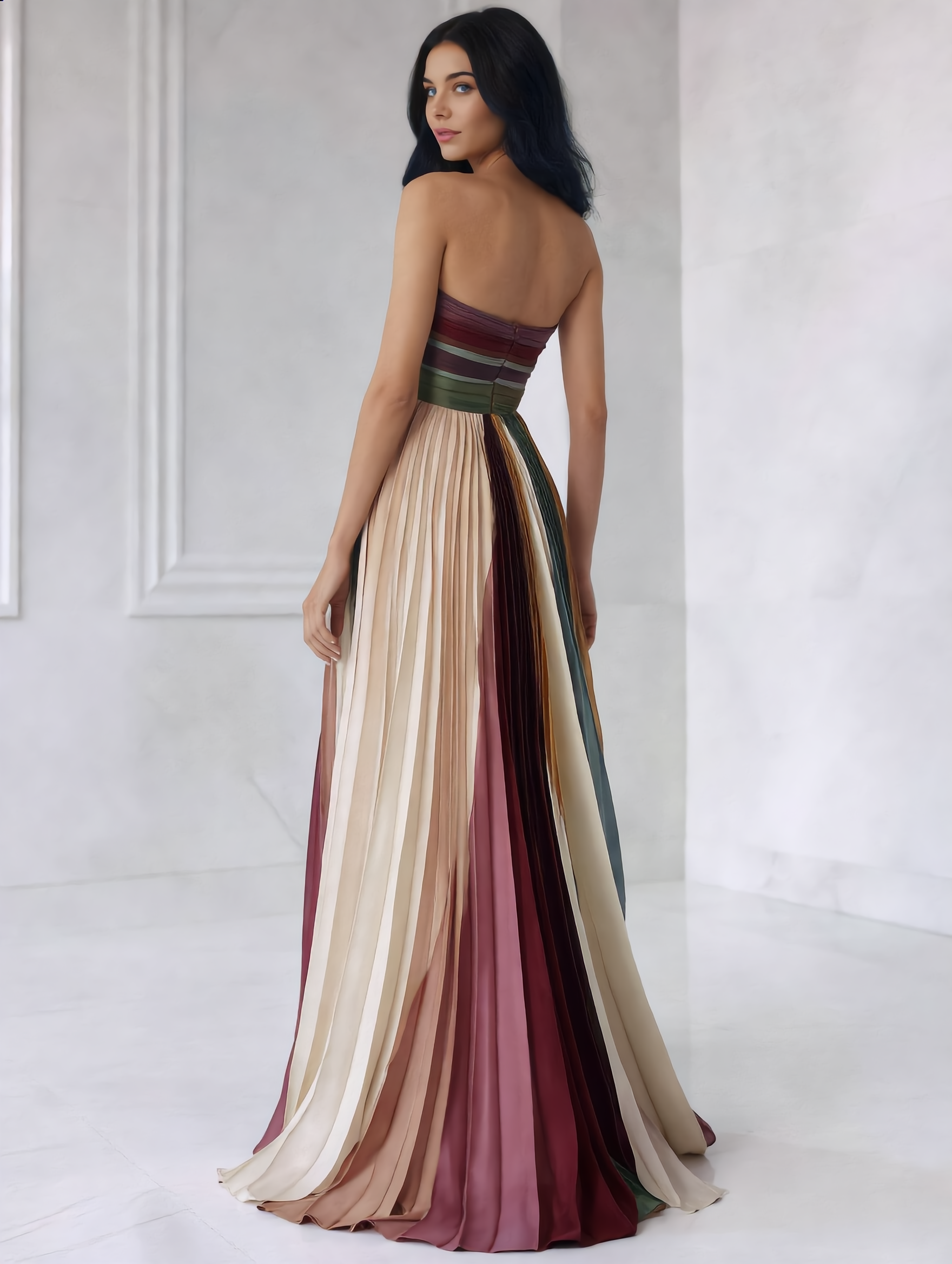 Dames Maxi Jurk | Strapless | Geplooid Met Multicolor Strepen