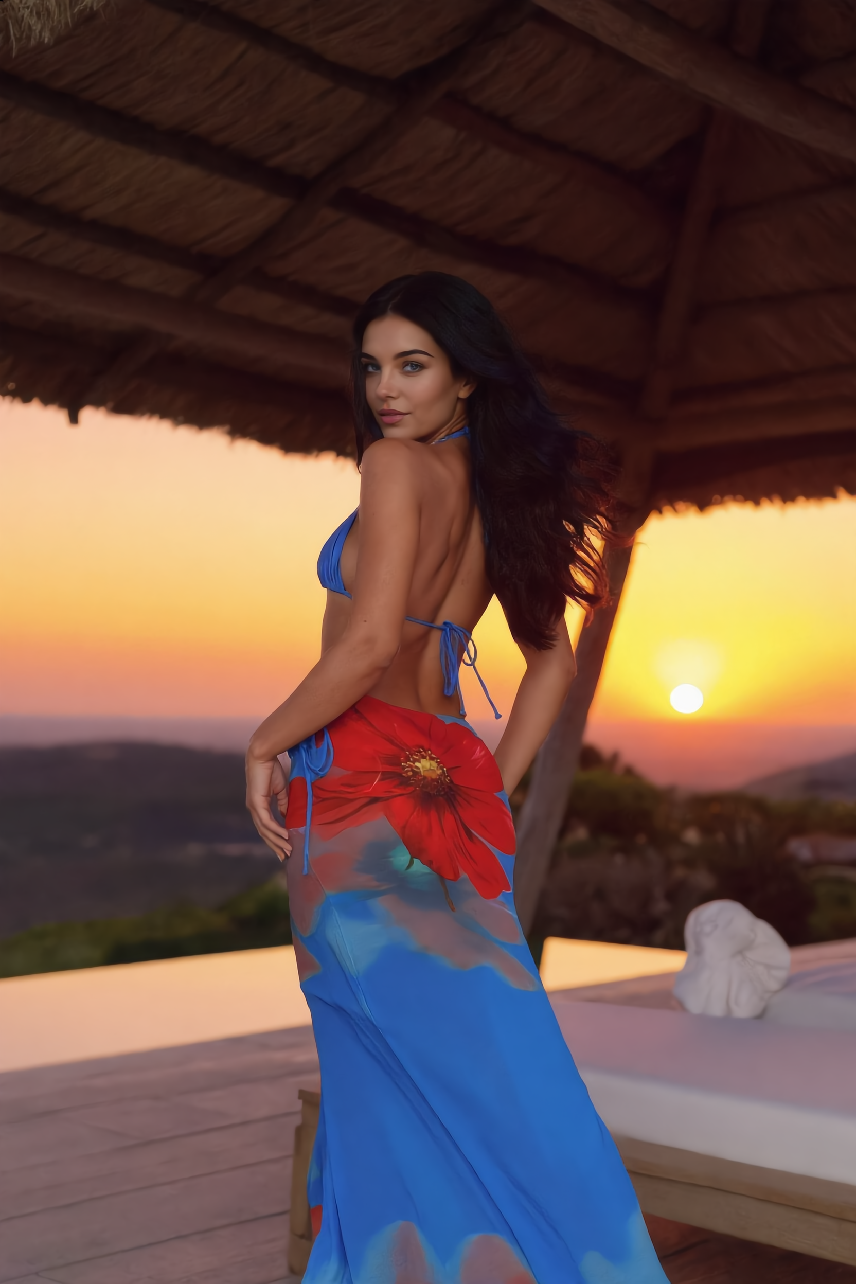 Blauwe Bloemenprint Bikini Dames – 3-Delige Set met Rok