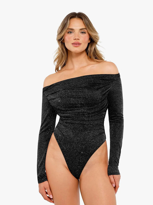 VERA – Metallic Knit Shaping Bodysuit met Lange Mouwen - LivingCurves Off Shoulder Shine Tops Body Shaper Winter Zwart / XS