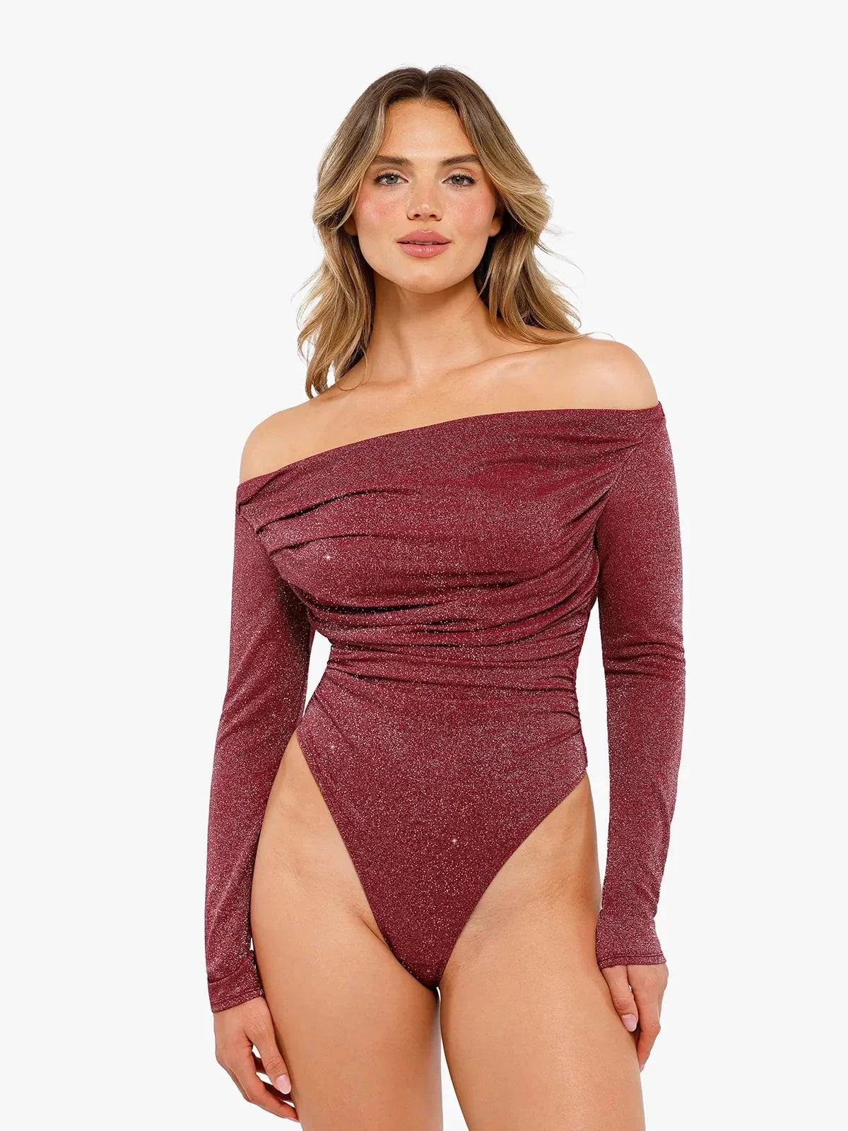 VERA – Metallic Knit Shaping Bodysuit met Lange Mouwen - LivingCurves Off Shoulder Shine Tops Body Shaper Winter Rood / XS