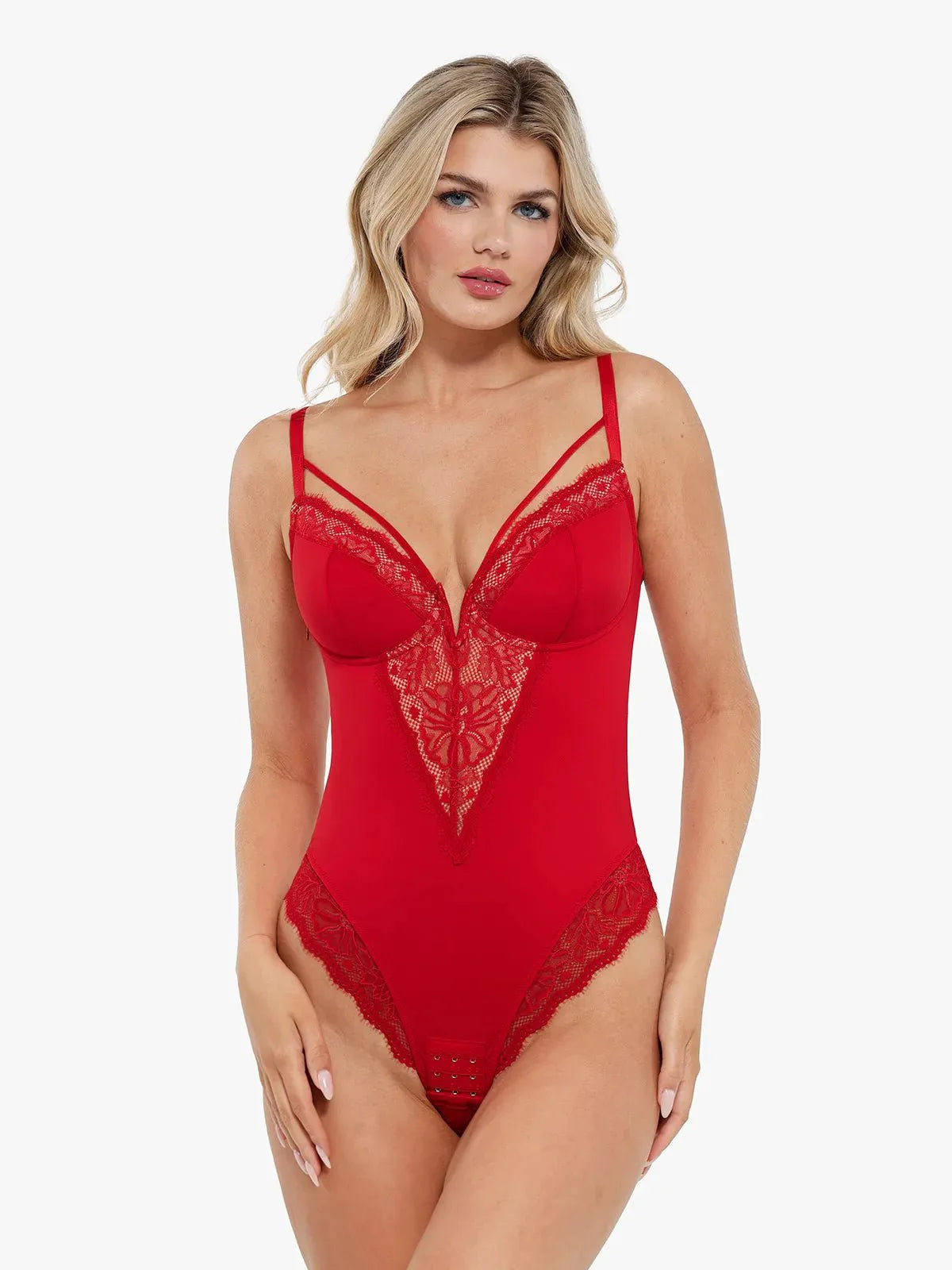 Shapewear Strappy Tummy Control Lace Inset Bodysuit - LivingCurves Sexy Tops Body Shaper Chili Red / XS