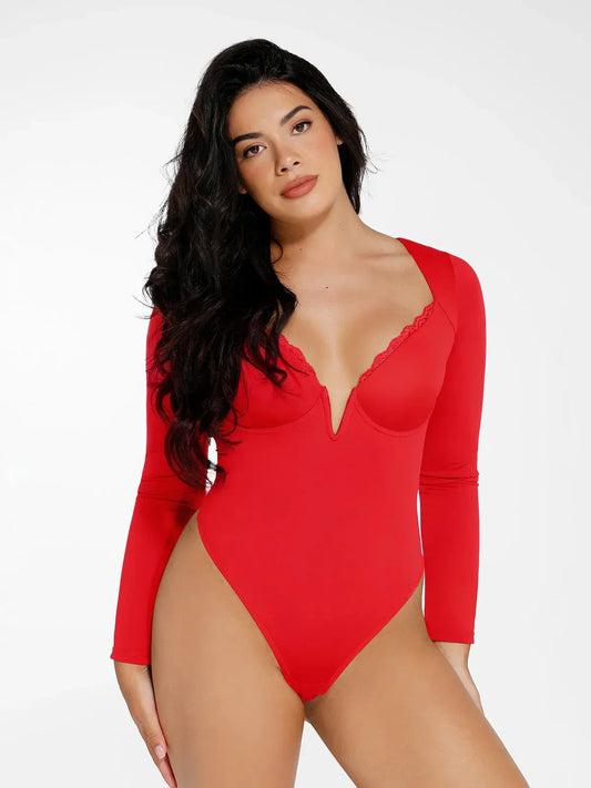 ELINE – Long Sleeve Lace V-Neck Bodysuit - LivingCurves Tops Body Shaper Sculpting Winter Rood / XS