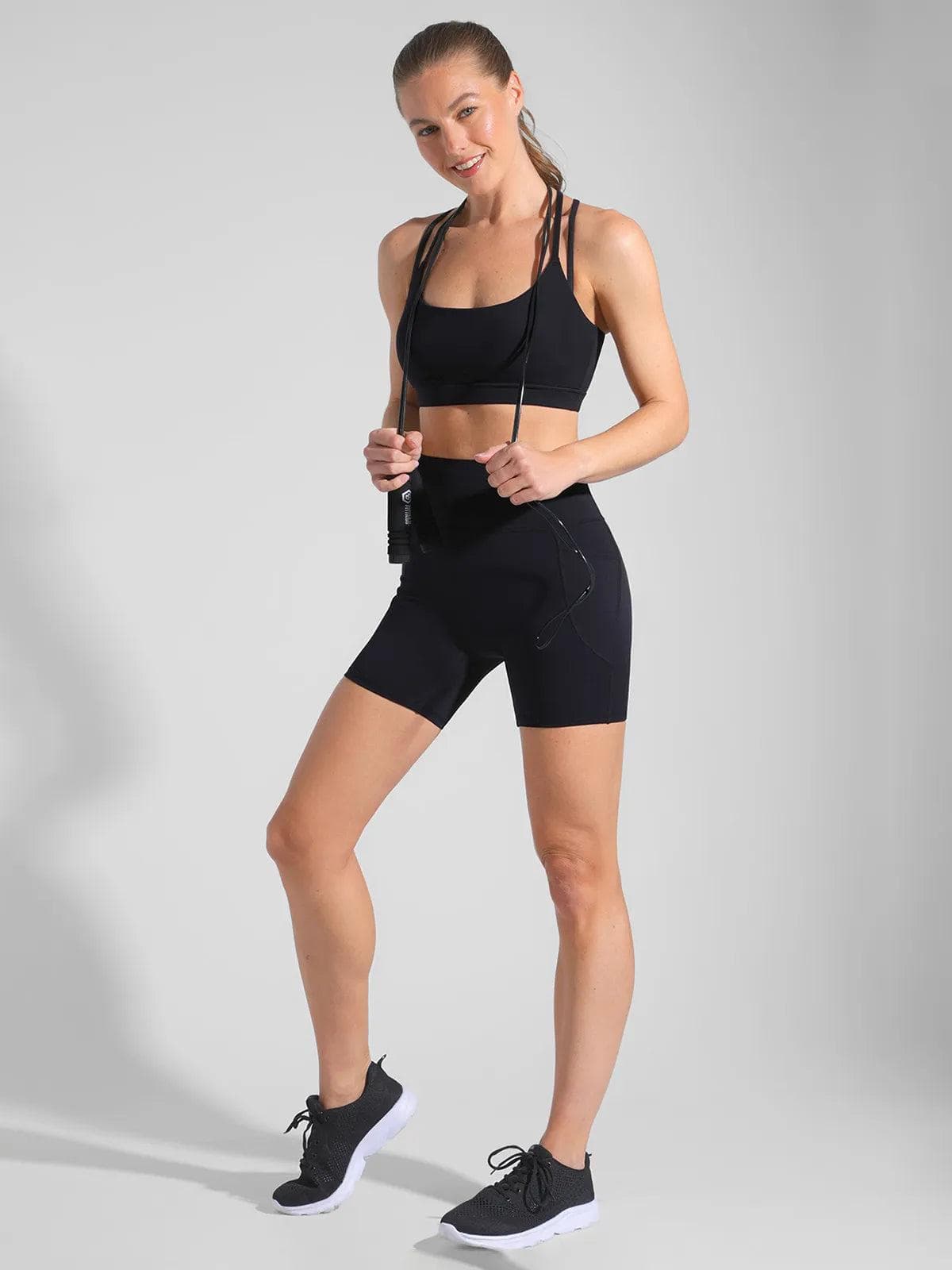 BRXL Cross Strap Sports Bra High-Waisted Shorts Set - LivingCurves Set / Black / XS