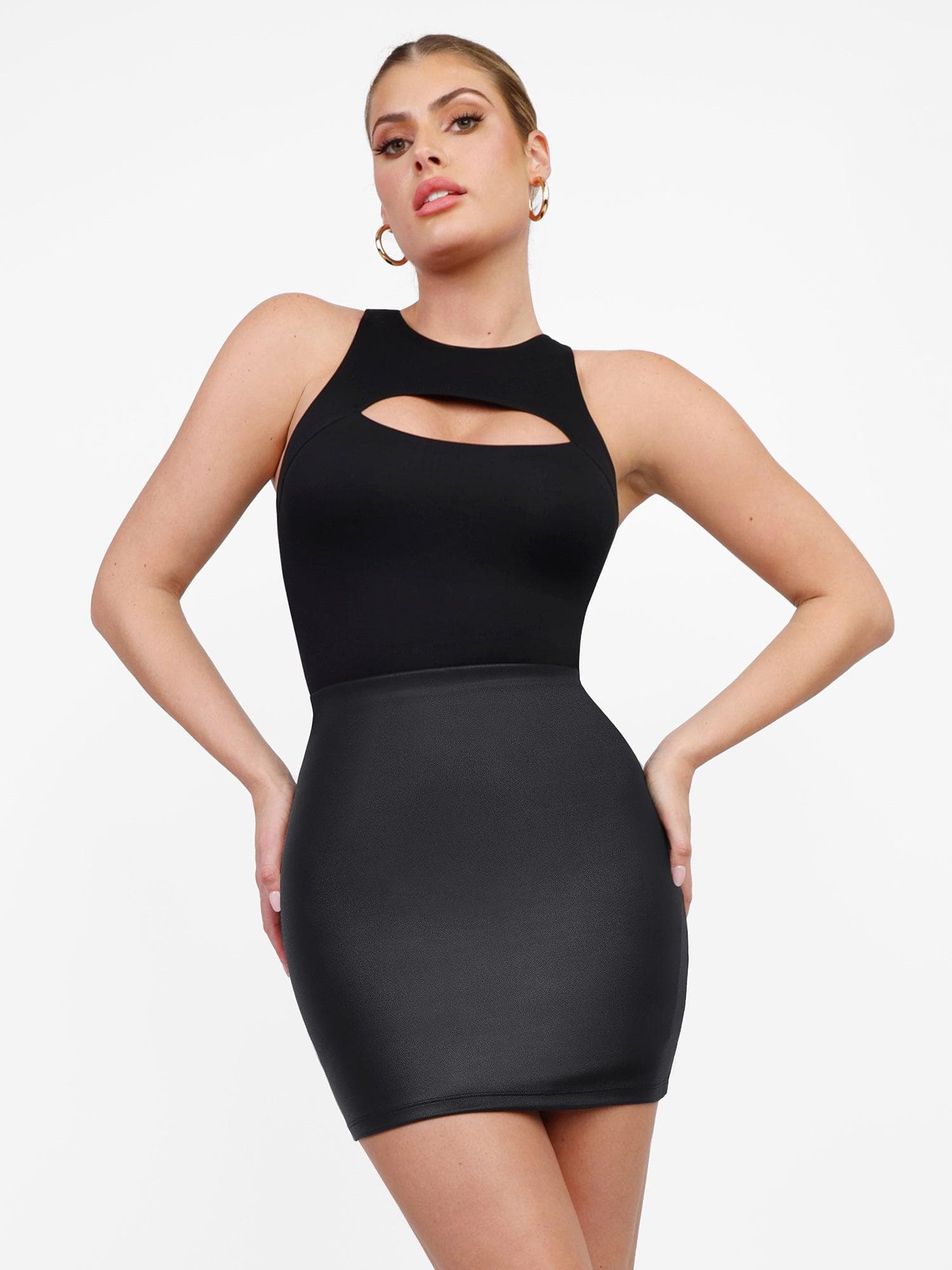 LEZZA – Leather Sculpting Shapewear (Body, Skirt & Legging) - LivingCurves Faux Leather Collection Bodysuit / Black / XS
