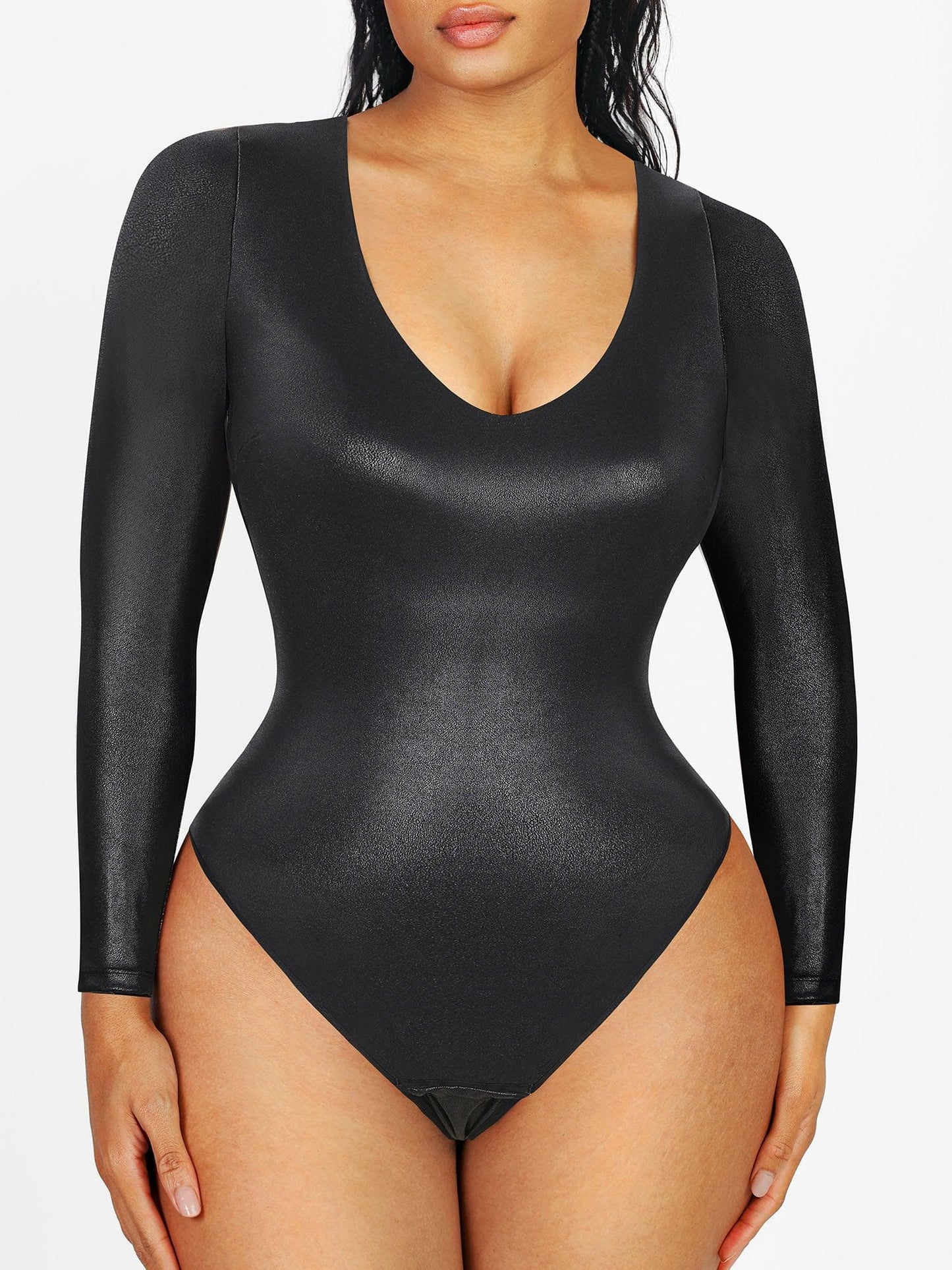 LEZZA – Leather Sculpting Shapewear (Body, Skirt & Legging) - LivingCurves Faux Leather Collection Long Sleeve Bodysuit / Black / S