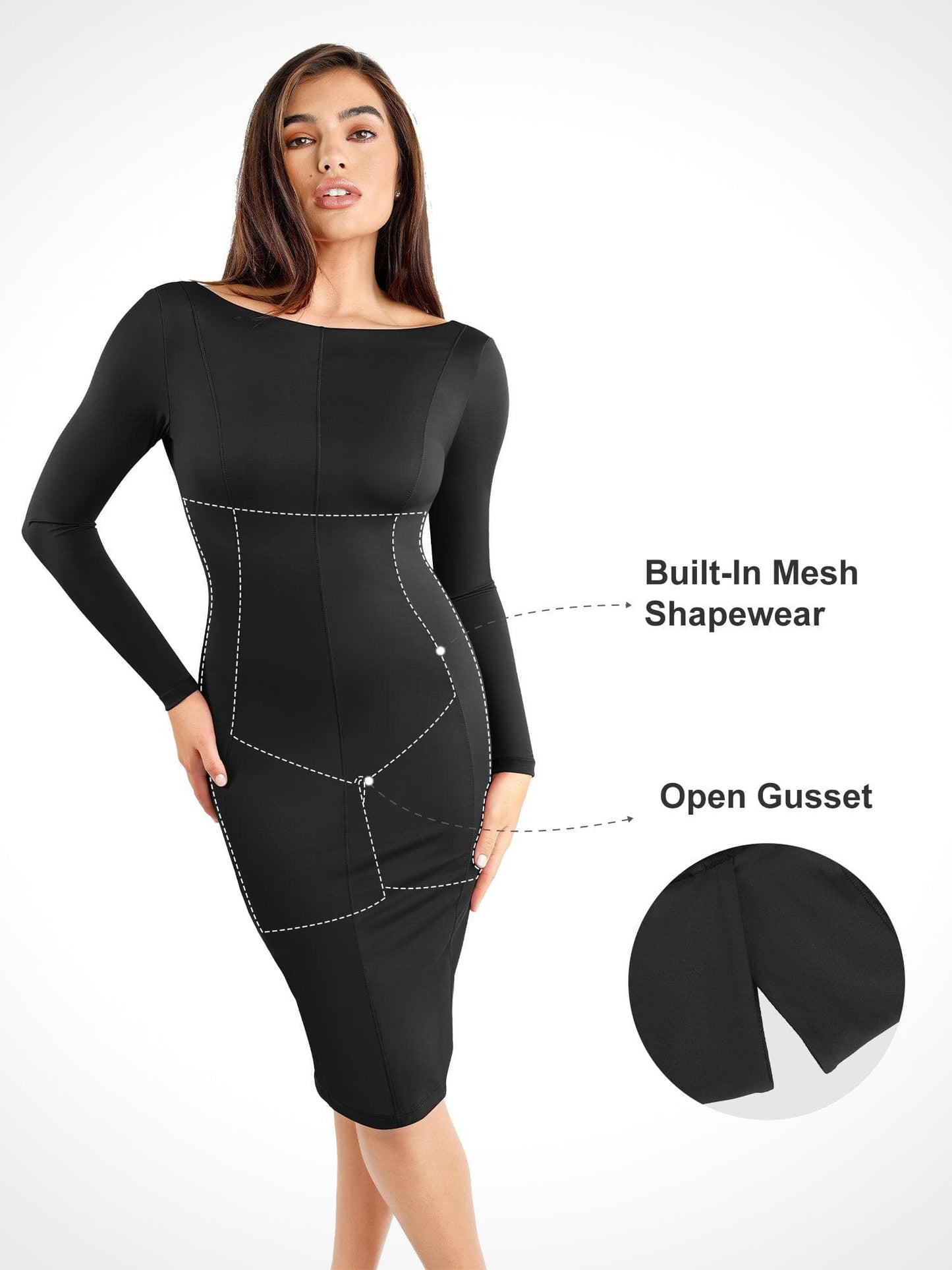 Shapewear Long Sleeve Boat Neck Sculpting Midi Dress - LivingCurves Low Back Formal Bodycon Party Winter Gown Black / S