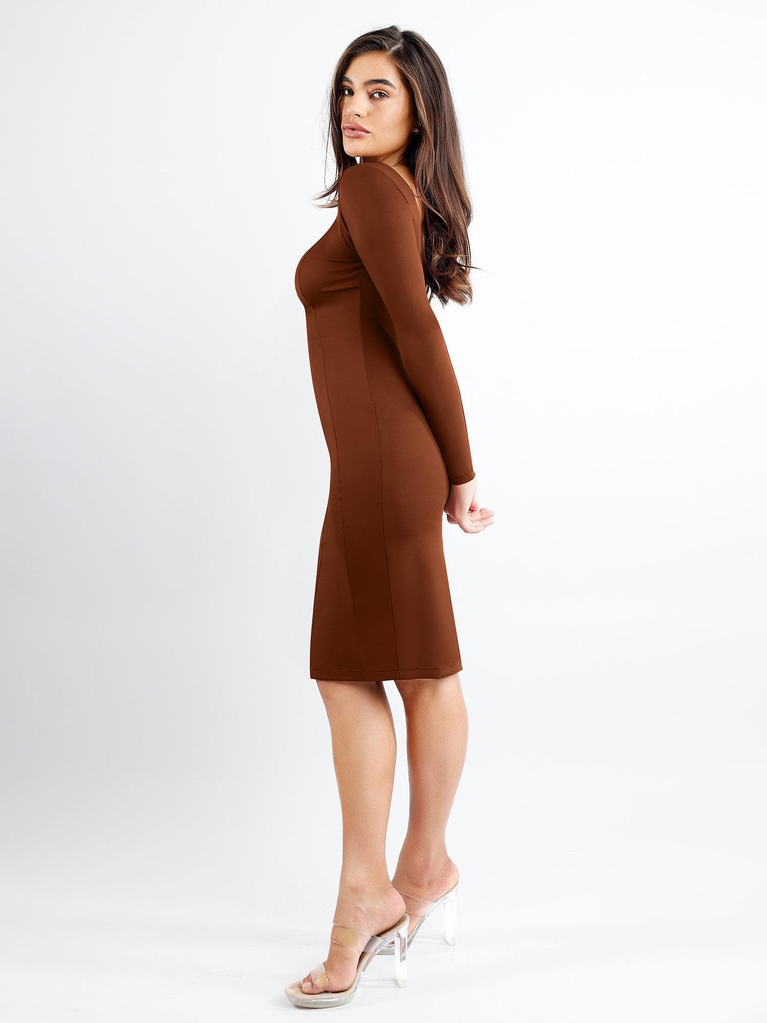 Shapewear Long Sleeve Boat Neck Sculpting Midi Dress - LivingCurves Low Back Formal Bodycon Party Winter Gown Black / S