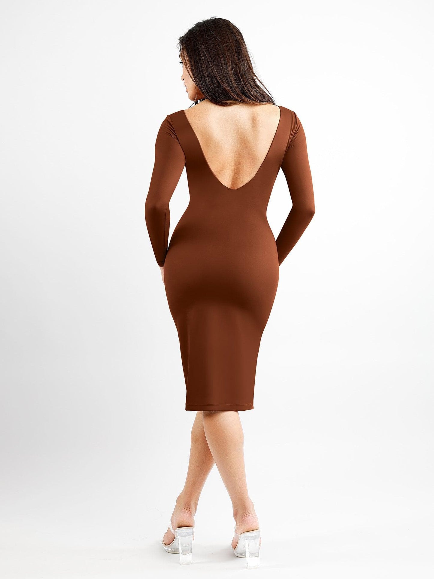 Shapewear Long Sleeve Boat Neck Sculpting Midi Dress - LivingCurves Low Back Formal Bodycon Party Winter Gown Black / S
