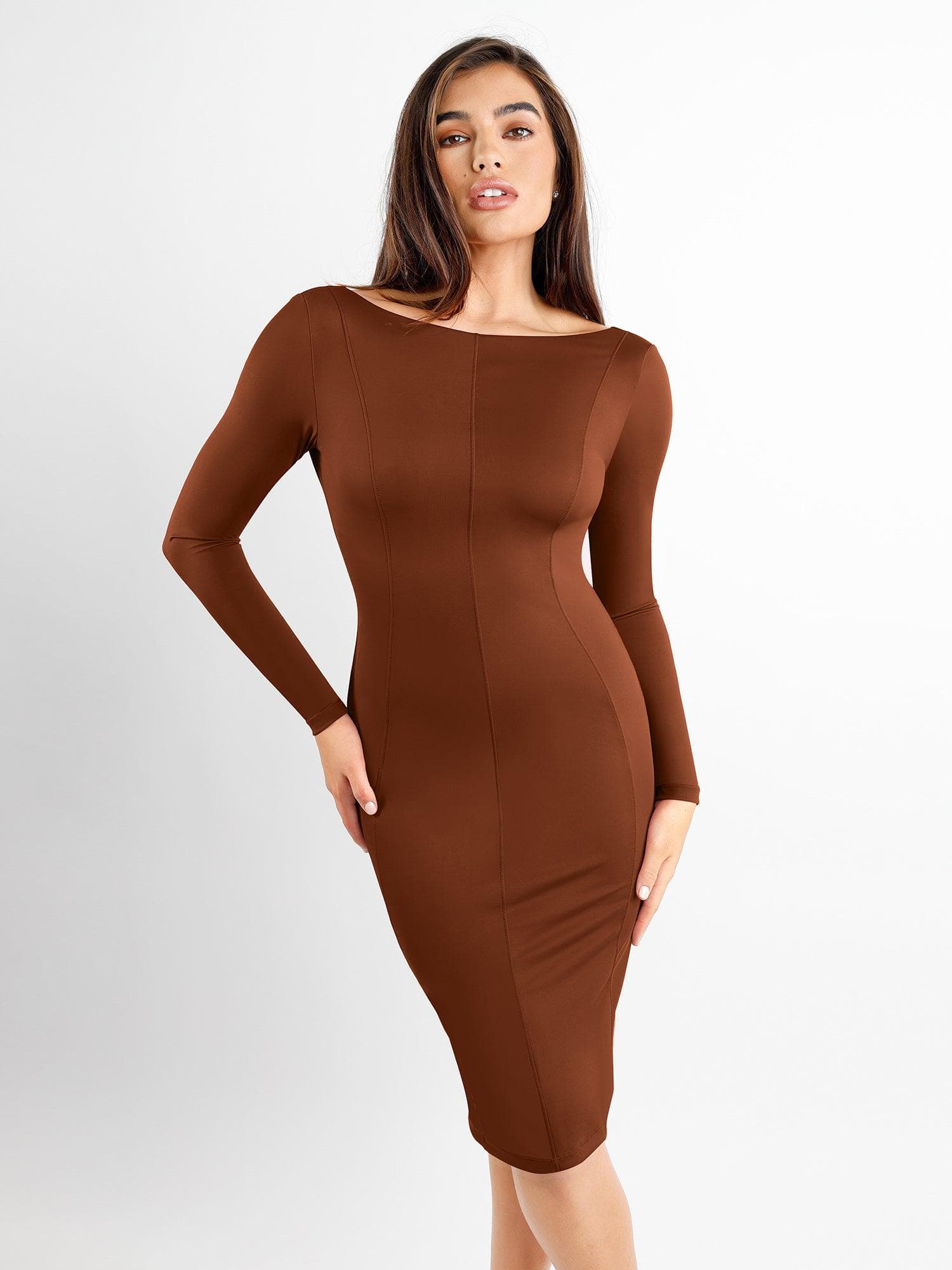 Shapewear Long Sleeve Boat Neck Sculpting Midi Dress - LivingCurves Low Back Formal Bodycon Party Winter Gown Brown / S