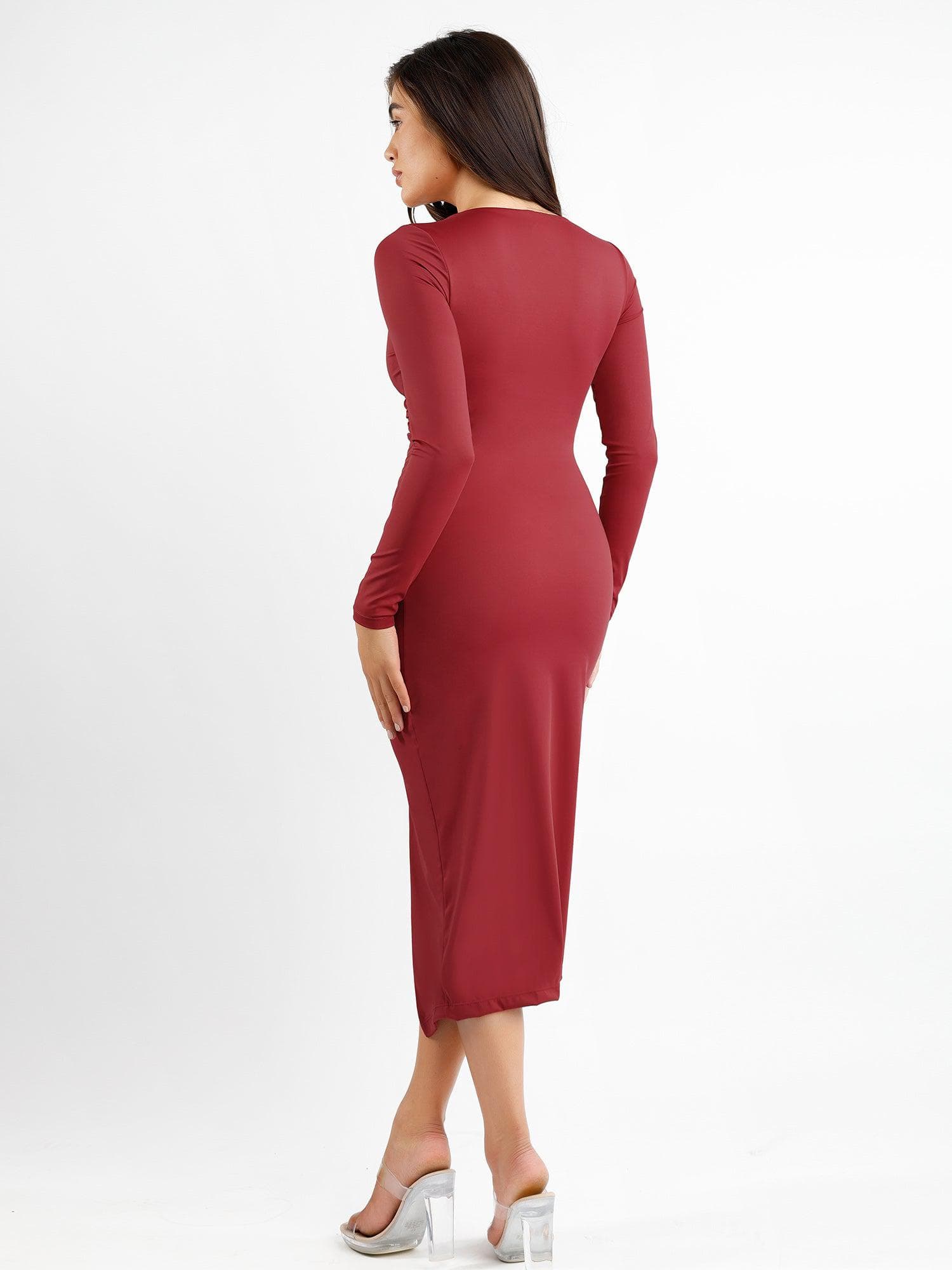 AURENE – Shaping Ruched Midi Dress - LivingCurves Formal Bodycon Party Winter Dress Rood / S