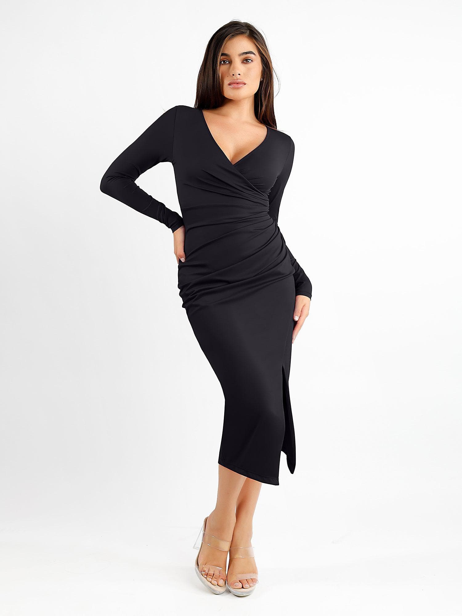 AURENE – Shaping Ruched Midi Dress - LivingCurves Formal Bodycon Party Winter Dress Zwart / S