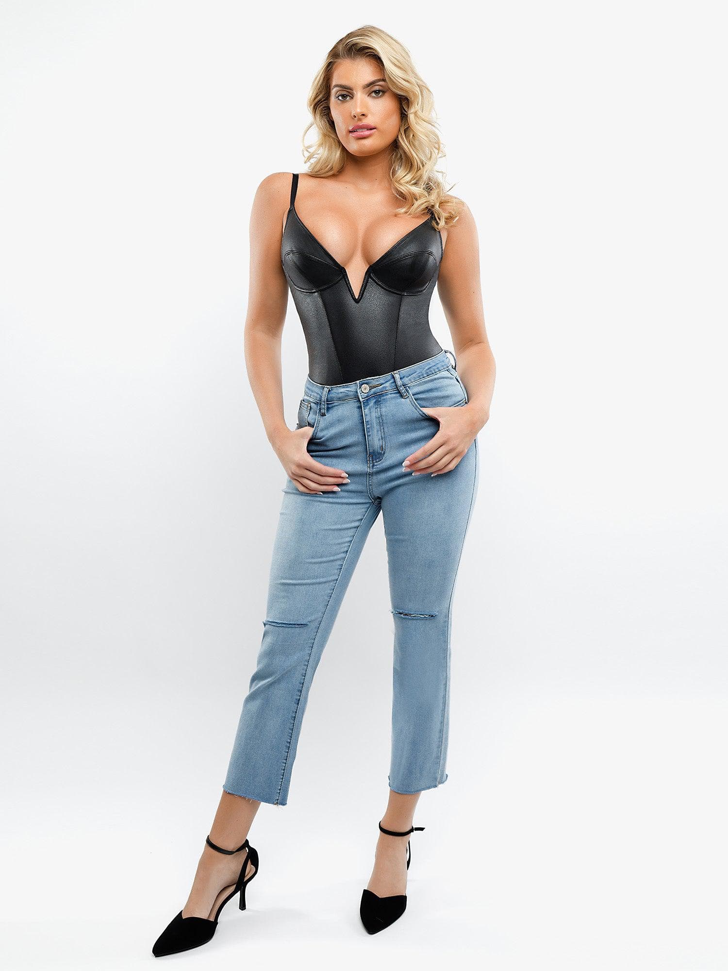 ELORA – Faux Leather Corset Bodysuit met Diepe V - LivingCurves Tops Body Shaper Tank Bruin / XS