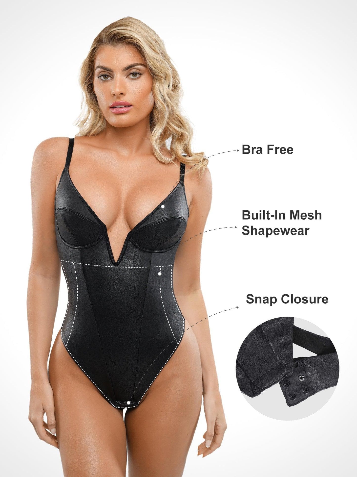 ELORA – Faux Leather Corset Bodysuit met Diepe V - LivingCurves Tops Body Shaper Tank Bruin / XS