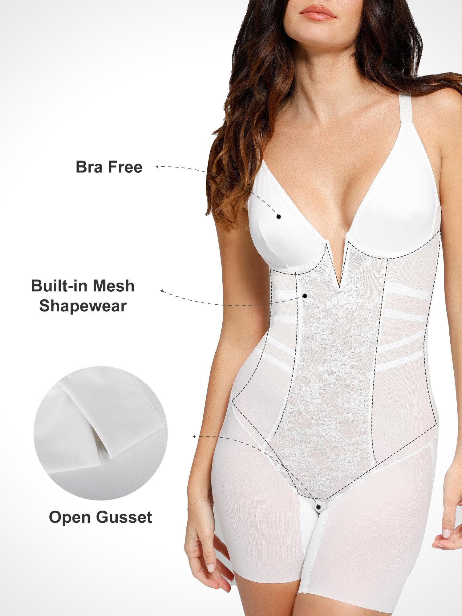 Shapewear Deep V-Neck Lace Tummy Control Mid-Thigh Bodysuit - LivingCurves Low Back Body Shaper Jumpsuit White / S