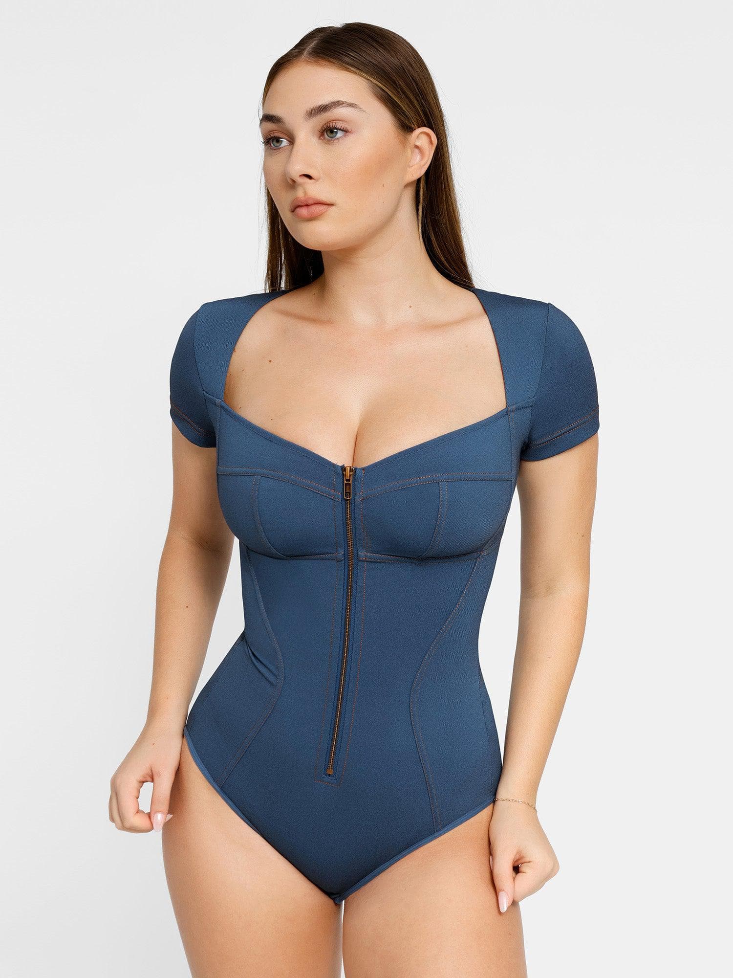 Shapewear Denim Short Sleeve Front Slimming Bodysuit - LivingCurves Tops Body Shaper Denim Blue / S