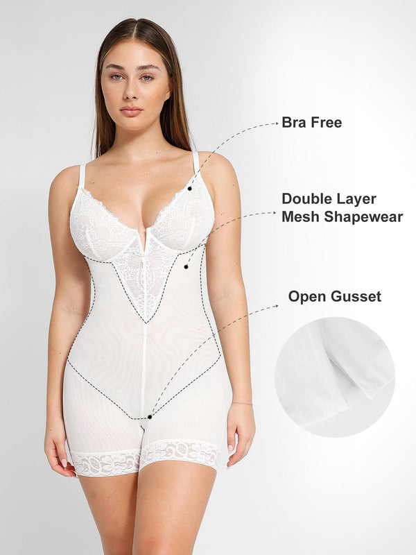 Shapewear Lace Deep V-Neck Sculpting Mid-Thigh Bodysuit - LivingCurves Mid-Thigh Body Shaper Jumpsuit Bruin / S