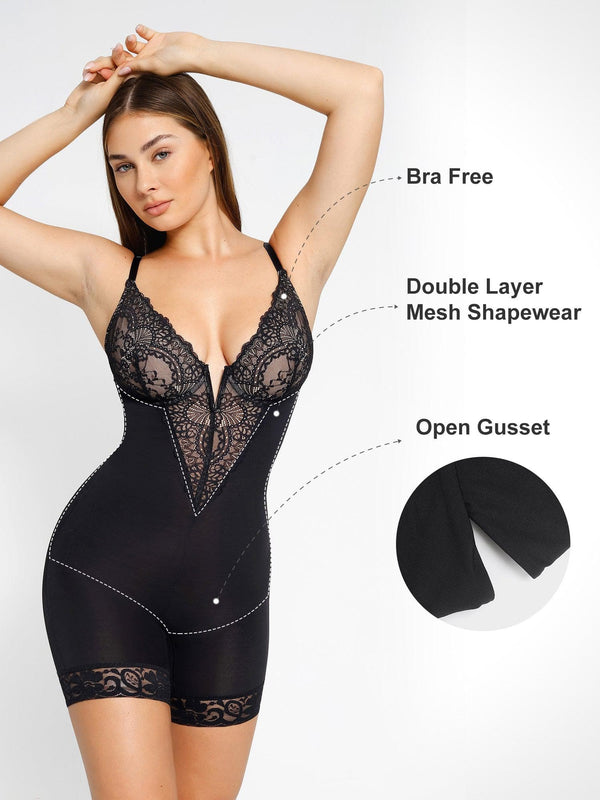 Shapewear Lace Deep V-Neck Sculpting Mid-Thigh Bodysuit - LivingCurves Mid-Thigh Body Shaper Jumpsuit Bruin / S