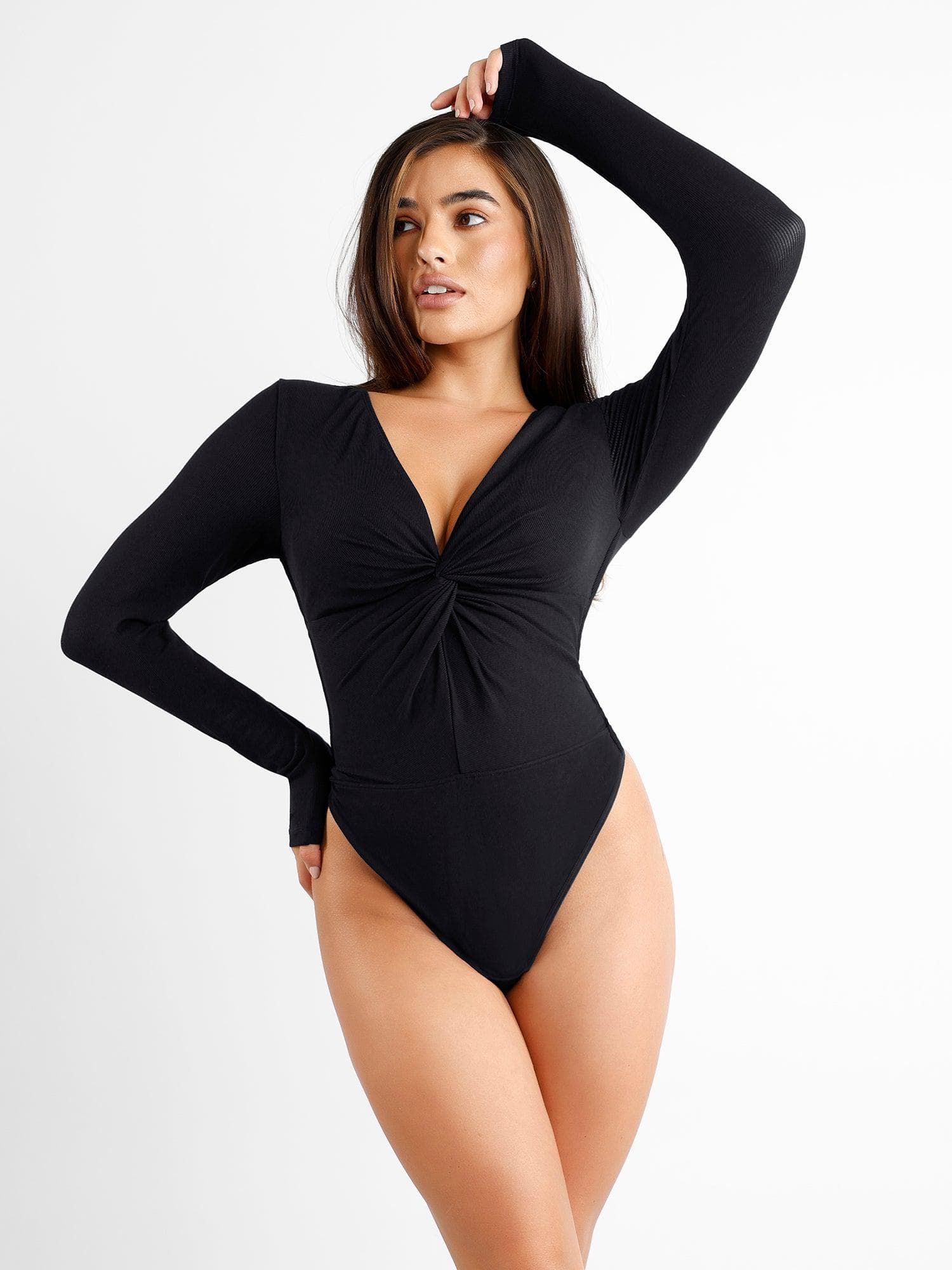 MAYA – Twist-Front Modal String Body met Lange Mouwen - LivingCurves Sexy Tops Body Shaper Winter Zwart / S
