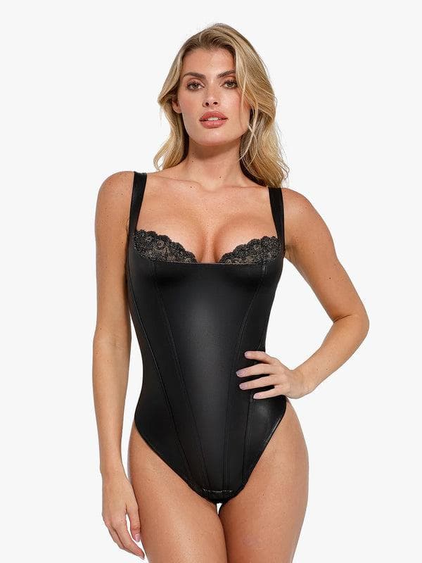 Shapewear Faux Leather Lace Balconette Sculpting Bodysuit - LivingCurves Sexy Tops Body Shaper Black / XS