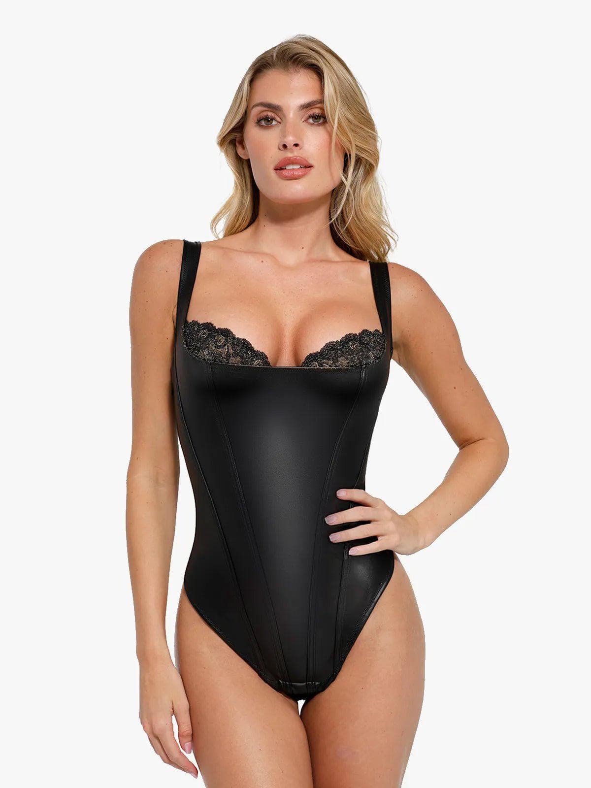 LYONA – Faux Leather Bodysuit met Kant - LivingCurves Bodysuit / Zwart / S