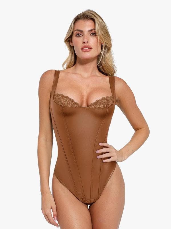 Shapewear Faux Leather Lace Balconette Sculpting Bodysuit - LivingCurves Sexy Tops Body Shaper Brown / XS