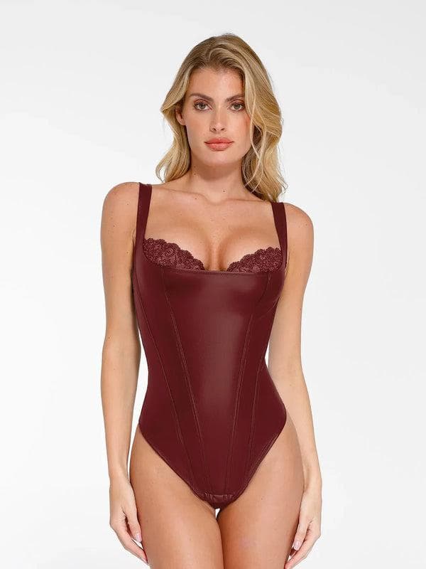 Shapewear Faux Leather Lace Balconette Sculpting Bodysuit - LivingCurves Sexy Tops Body Shaper Jujube Red / XS