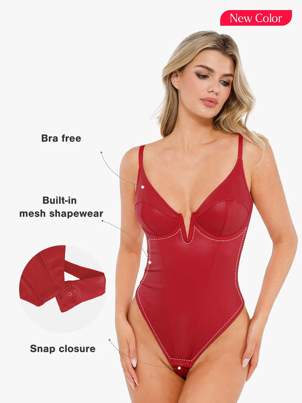 ELORA – Faux Leather Corset Bodysuit met Diepe V - LivingCurves Tops Body Shaper Tank Bruin / XS