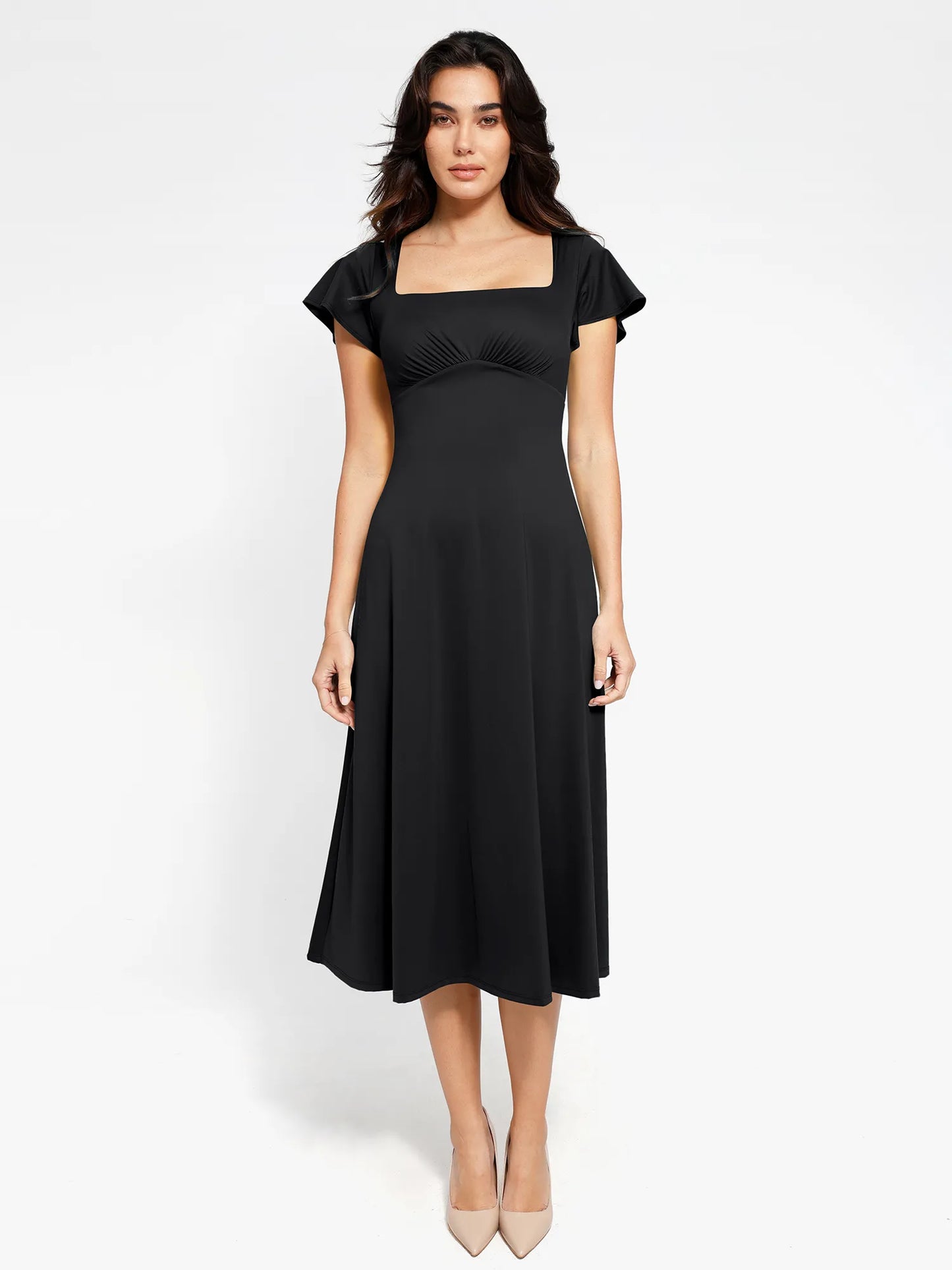 ELA – Sculpting Flutter Sleeve Midi Dress