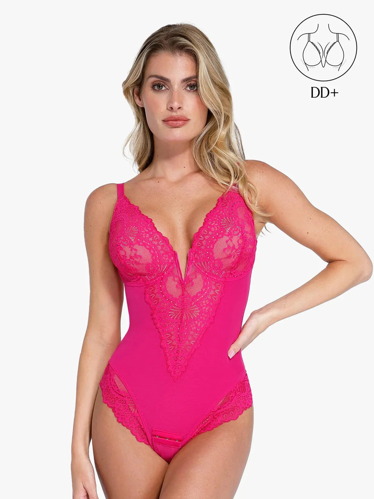 ISLA – Lace Full Bust Bodysuit met Plunging V - LivingCurves Tops Body Shaper Roze / XS