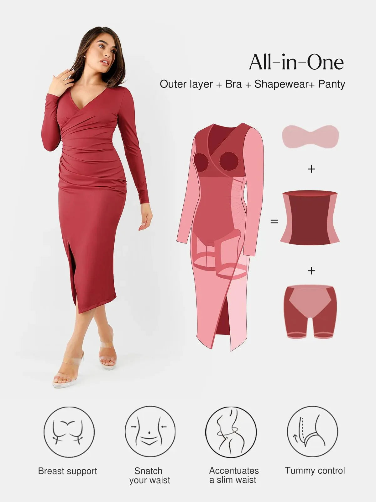 AURENE – Shaping Ruched Midi Dress - LivingCurves Formal Bodycon Party Winter Dress Rood / S