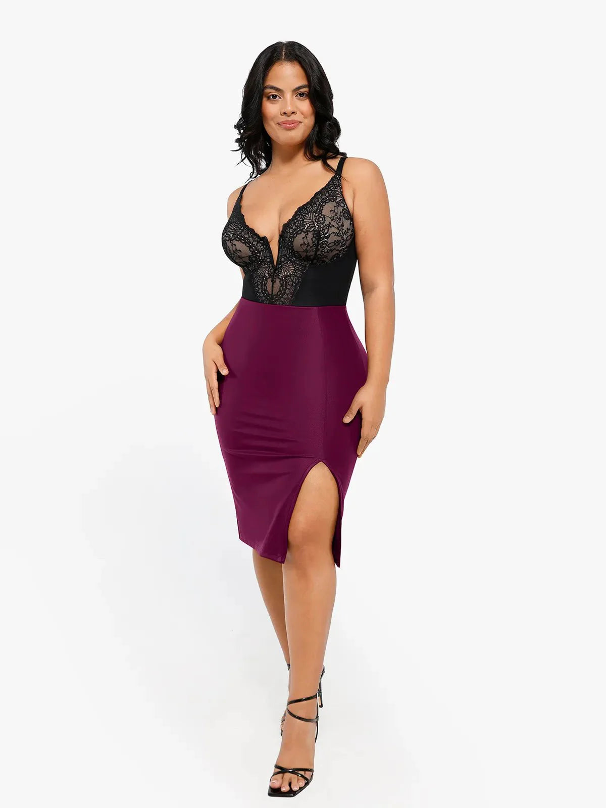 Shapewear Sculpting Faux Leather Front Slit Midi Skirt - LivingCurves Office Working Skirt Black / S