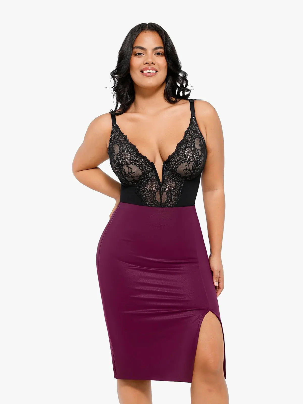 Shapewear Sculpting Faux Leather Front Slit Midi Skirt - LivingCurves Office Working Skirt Black / S