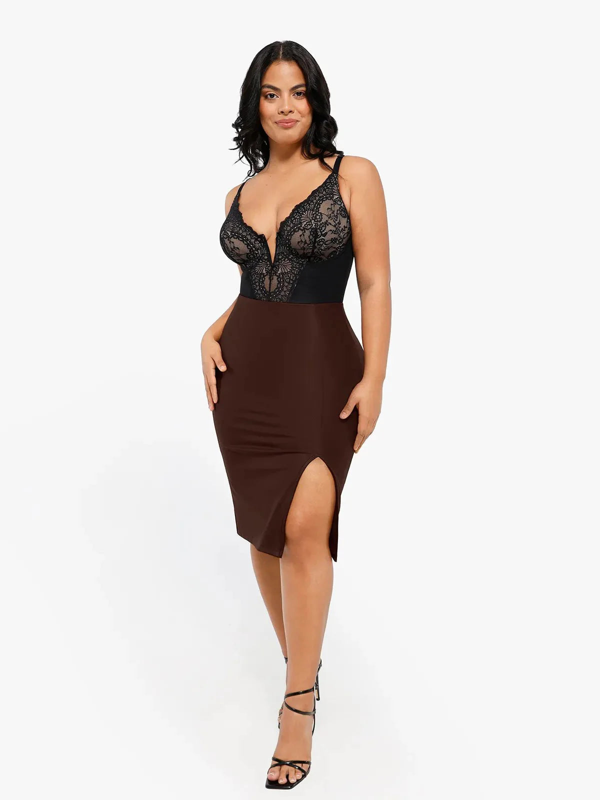 Shapewear Sculpting Faux Leather Front Slit Midi Skirt - LivingCurves Office Working Skirt Black / S