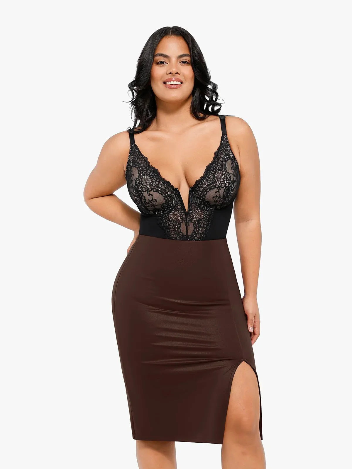 Shapewear Sculpting Faux Leather Front Slit Midi Skirt - LivingCurves Office Working Skirt Black / S