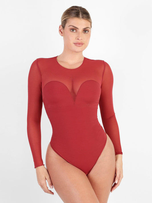LAYLA – Mesh Bodysuit met Lange Mouwen - LivingCurves Sexy Tops Body Shaper Winter Rood / S