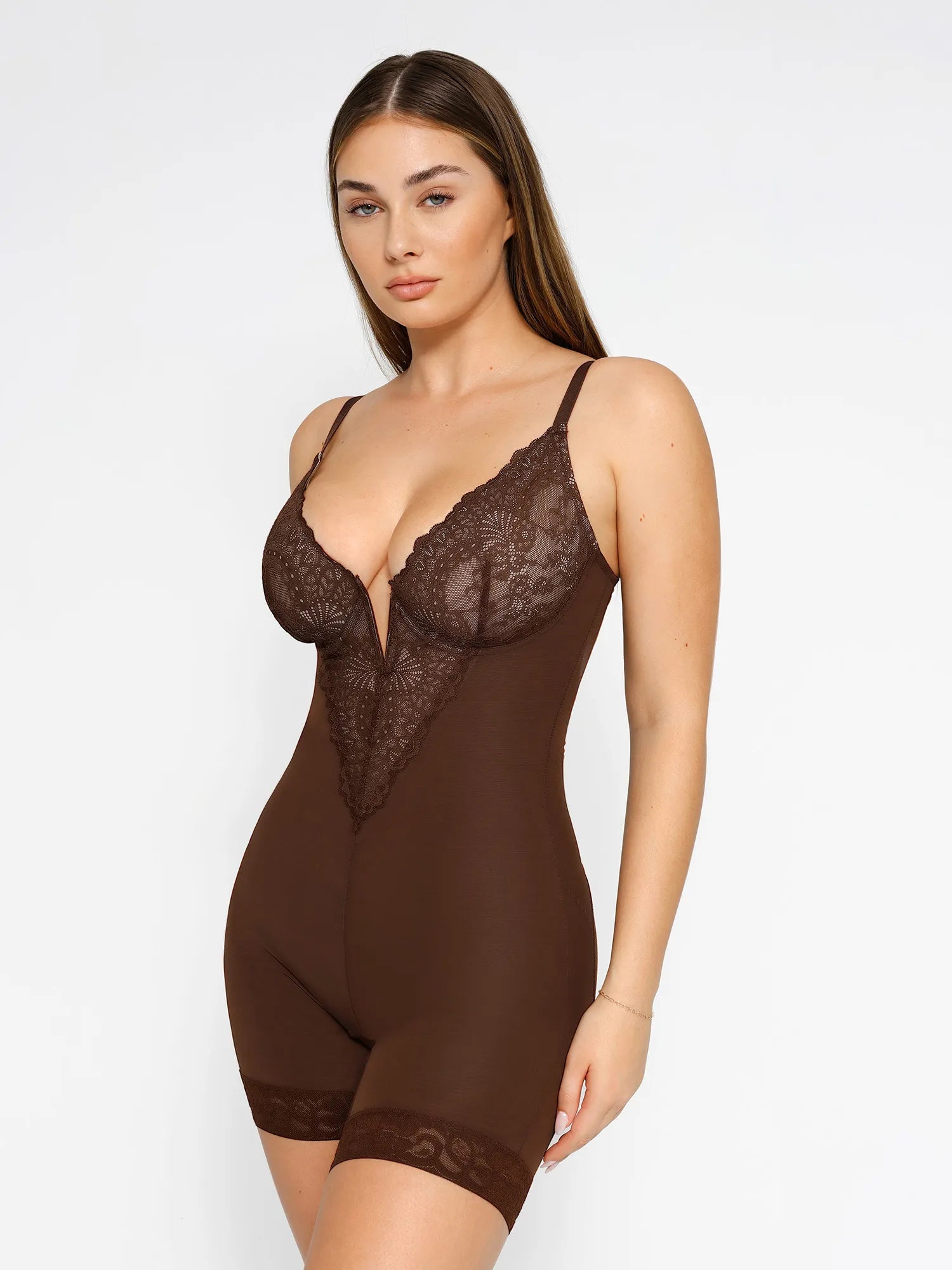 Shapewear Lace Deep V-Neck Sculpting Mid-Thigh Bodysuit - LivingCurves Mid-Thigh Body Shaper Jumpsuit Bruin / S
