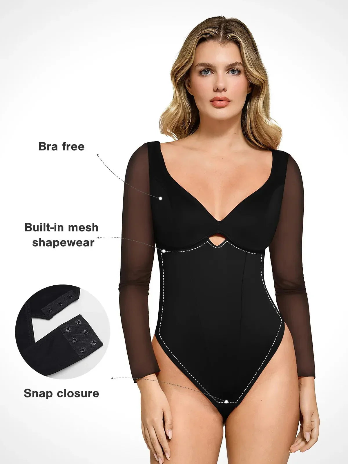 ELARA – Mesh Sleeve Bodysuit met Sweetheart Cutout - LivingCurves Tops Body Shaper Long Sleeve Rood / XS