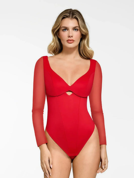 ELARA – Mesh Sleeve Bodysuit met Sweetheart Cutout - LivingCurves Tops Body Shaper Long Sleeve Rood / XS