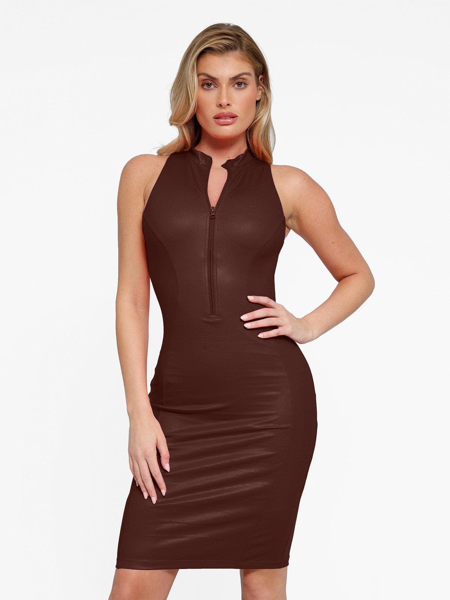 RAYNA – Faux Leather Zip Dress - LivingCurves Sleeveless Bodycon Party Cocktail Summer Dress Leather Bruin / XS