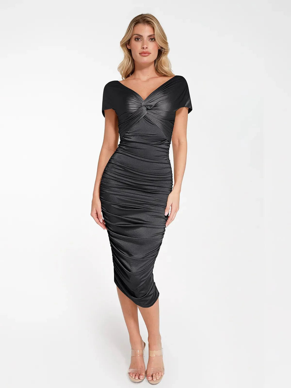 ALMA – Off-Shoulder Shine Midi Dress