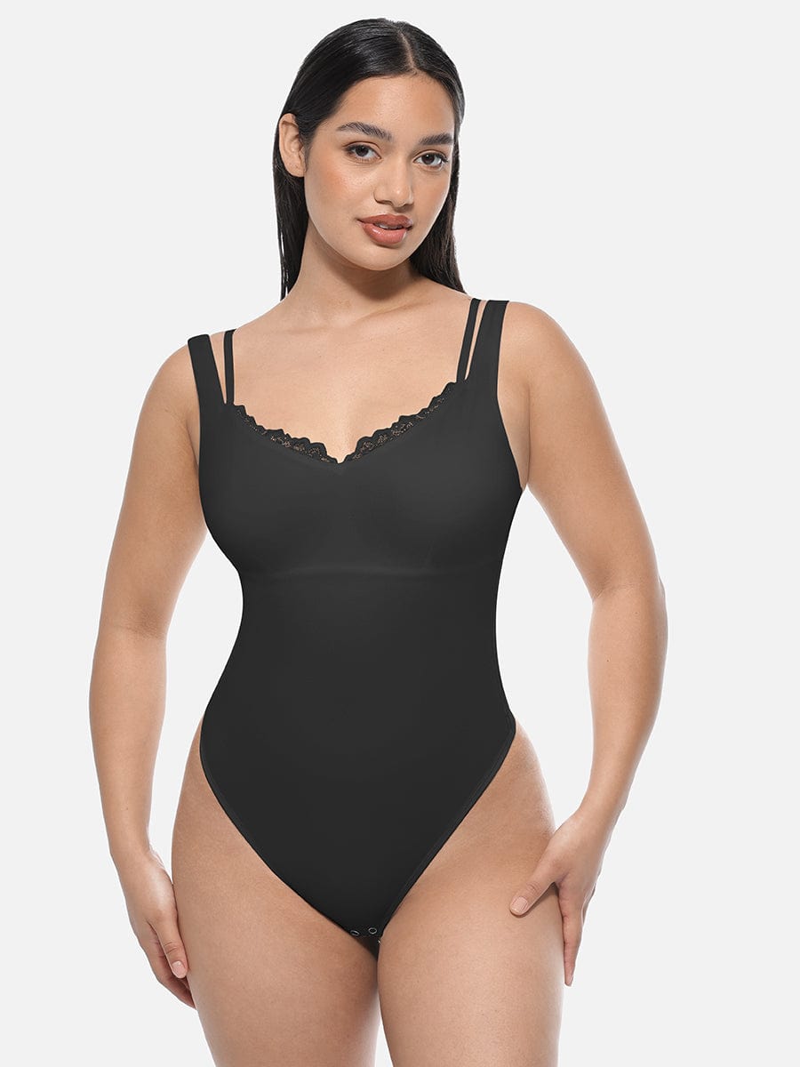 CLARI – Kant V-Hals Shapewear String Body - LivingCurves Seamless Shaper Zwart / S