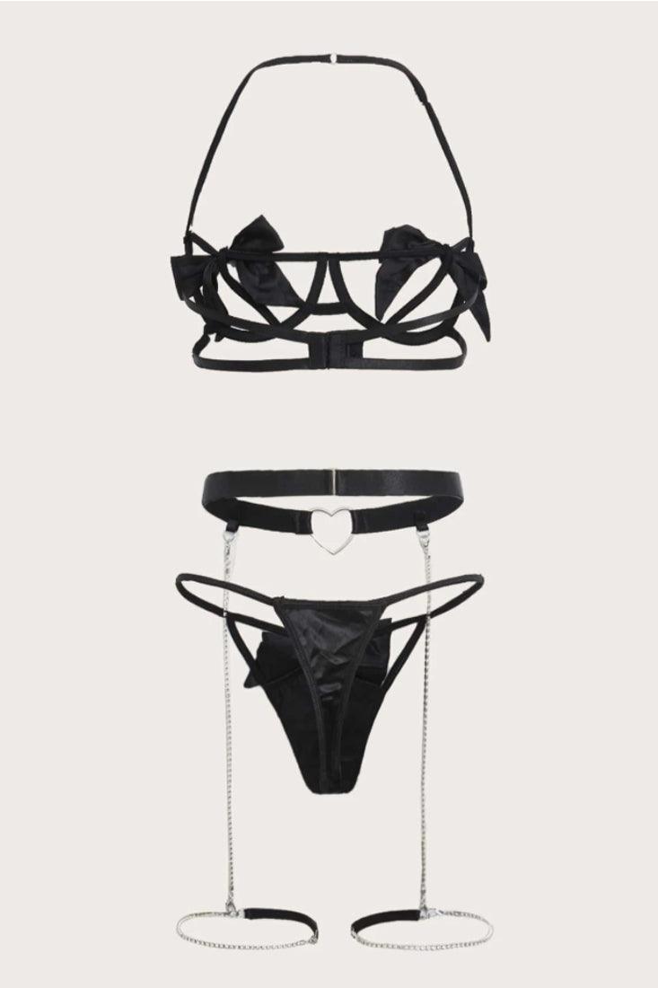 Lingerieset Dames – Zwart 3-Delig Met Strik En Sierstenen – Luxe Lingerie met Comfort