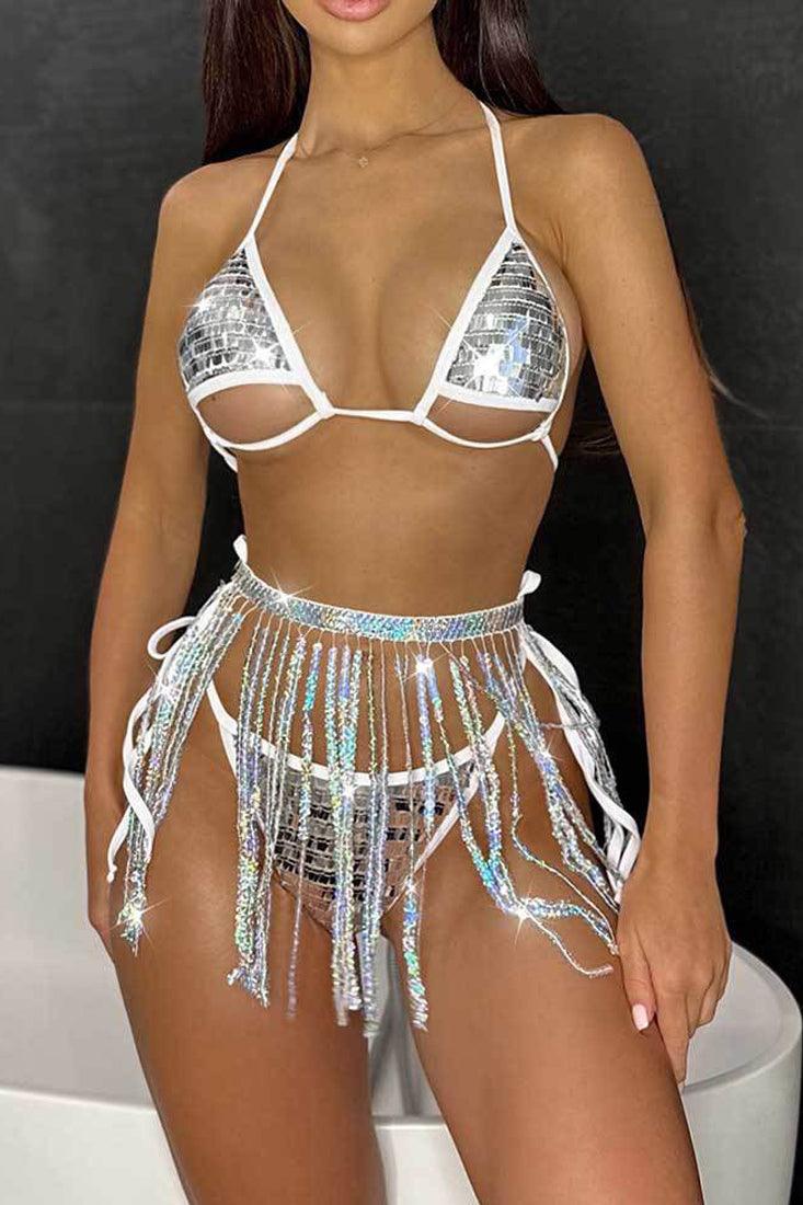 Zilveren Witte Bikini Set Dames met Pailletten 3-Delig