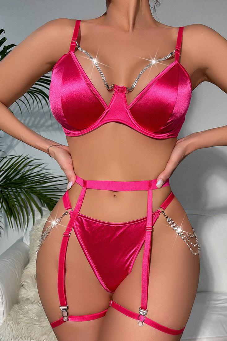 Lingerieset Dames Satijn – Roze Luxe 5-Delig Met Strass – Verleidelijke Set met Soepele Pasvorm