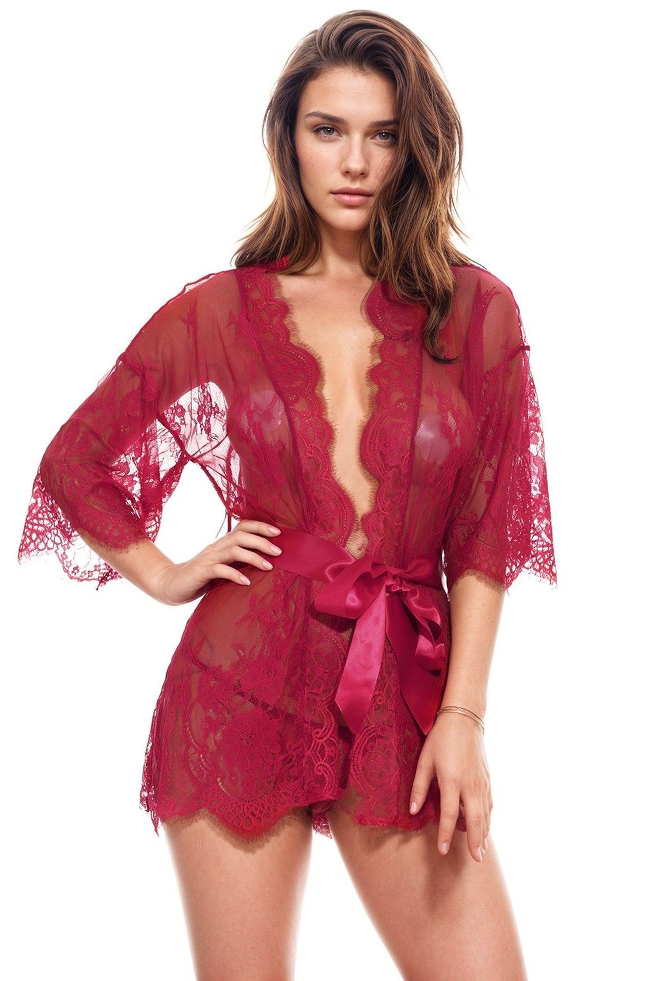VYLAH – Eyelash Lace & Mesh Robe - LivingCurves Apparel & Accessories > Clothing > Lingerie Wine Red / Small