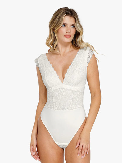 LIVIA – V-NECK LACE BODYSUIT - LivingCurves Sexy Tops Body Shaper Wit / XS