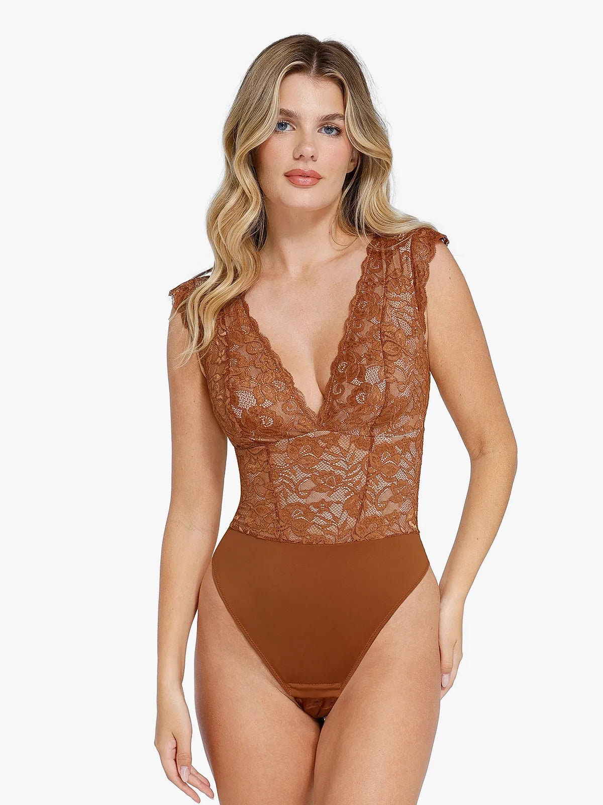 LIVIA – V-NECK LACE BODYSUIT - LivingCurves Sexy Tops Body Shaper Bruin / XS