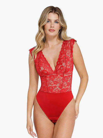 LIVIA – V-NECK LACE BODYSUIT - LivingCurves Sexy Tops Body Shaper Rood / XS
