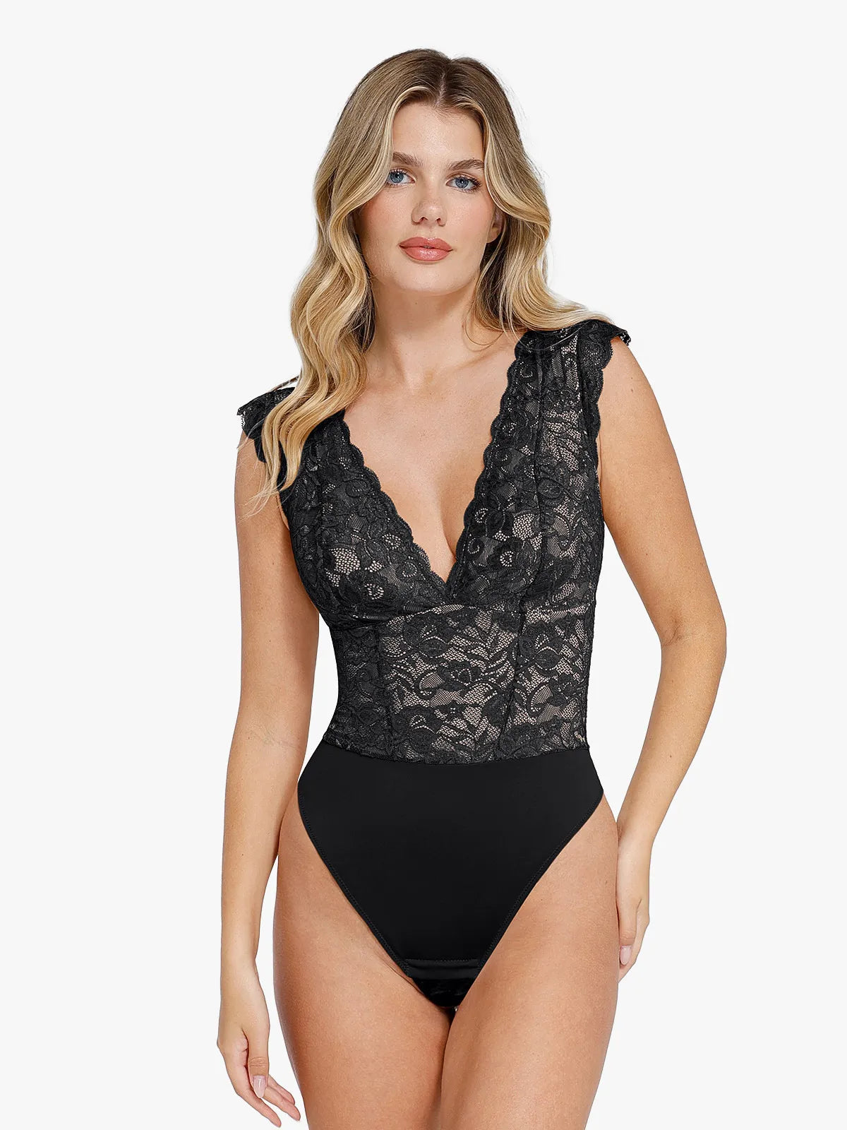 LIVIA – V-NECK LACE BODYSUIT - LivingCurves Sexy Tops Body Shaper Blauw / XS