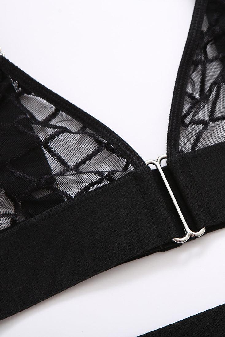 Black Checker Mesh 5-Piece Set - Lingerieset Dames Transparante Ruitmesh – Zwart Met Jarretels
